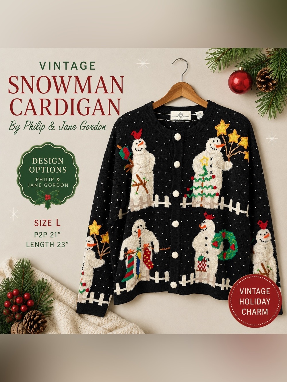 Design Options by Philip & Jane Gordon Snowman Christmas Cardigan Sweater L